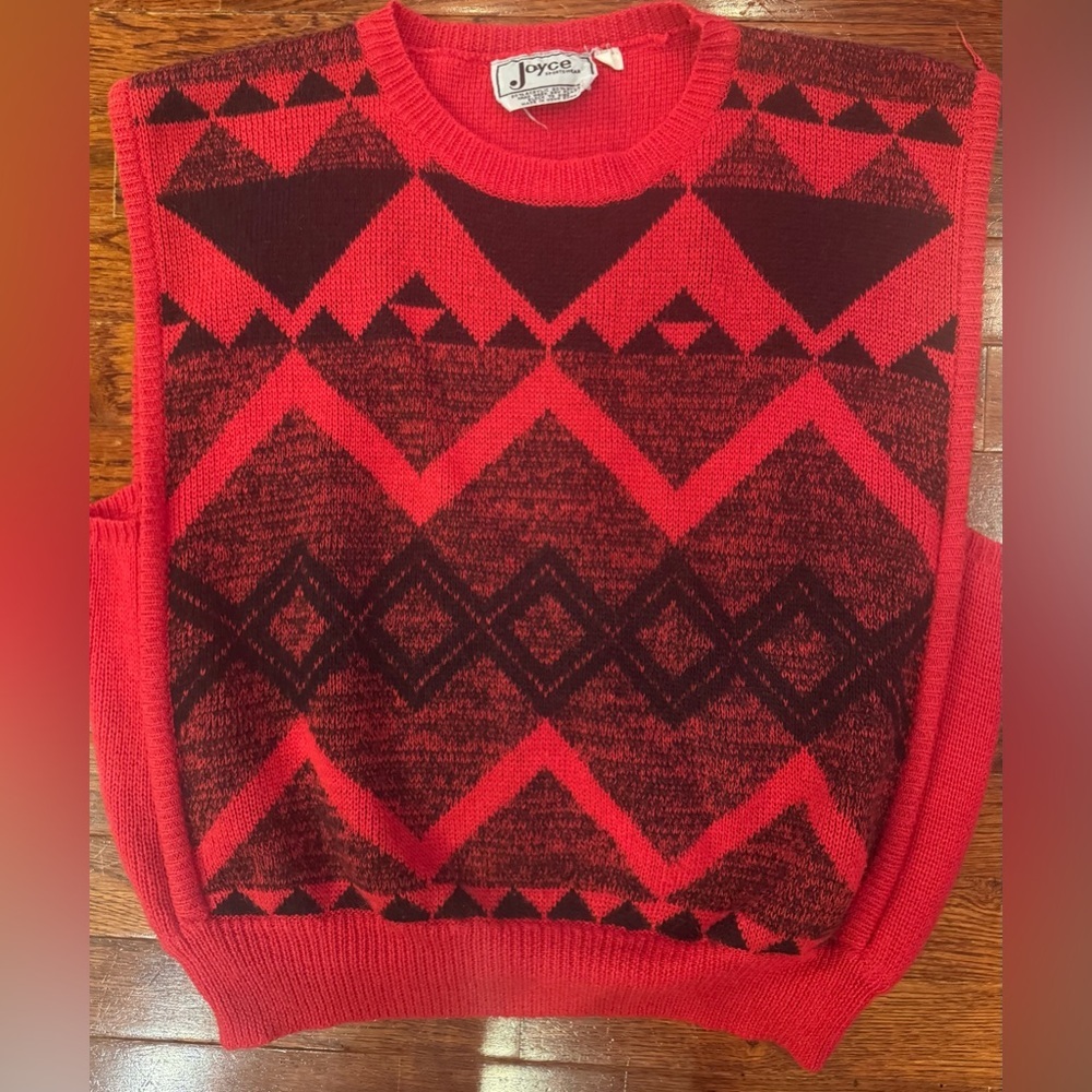 Vintage Women’s Sweater Vest Rare Side Panels Red Black Geometric Shapes Large
